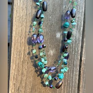 Vintage‎ Purple and Teal necklace set 18in glass beads festival multi strand